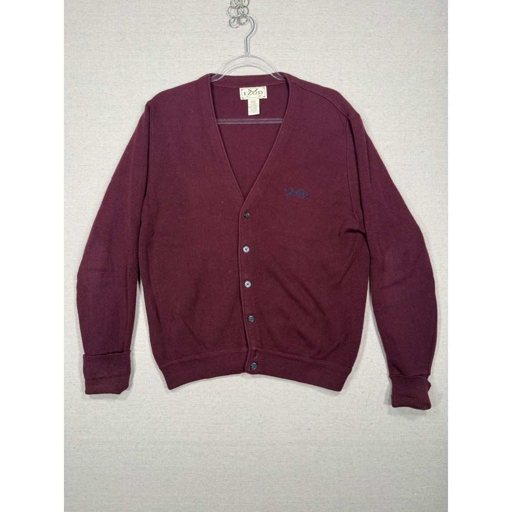 Izod Mens Small Burgundy Maroon V-Neck Button Front Cardigan Sweater Logo Knit